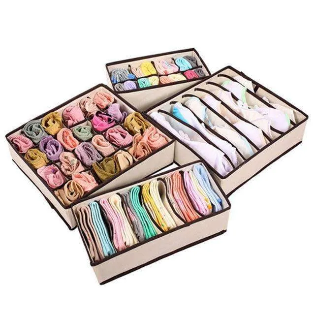 4Pcs Nonwoven Beige Collapsible Storage Box Drawer Dividers Closet Organizers Bra Underwear Lingeri