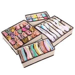 4Pcs Nonwoven Beige Collapsible Storage Box Drawer Dividers Closet Organizers Bra Underwear Lingeri