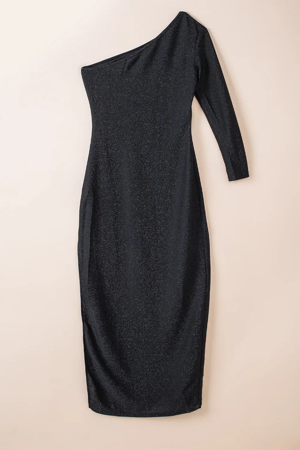 Black One-shoulder Glitter Metallic Asymmetric Long Dress