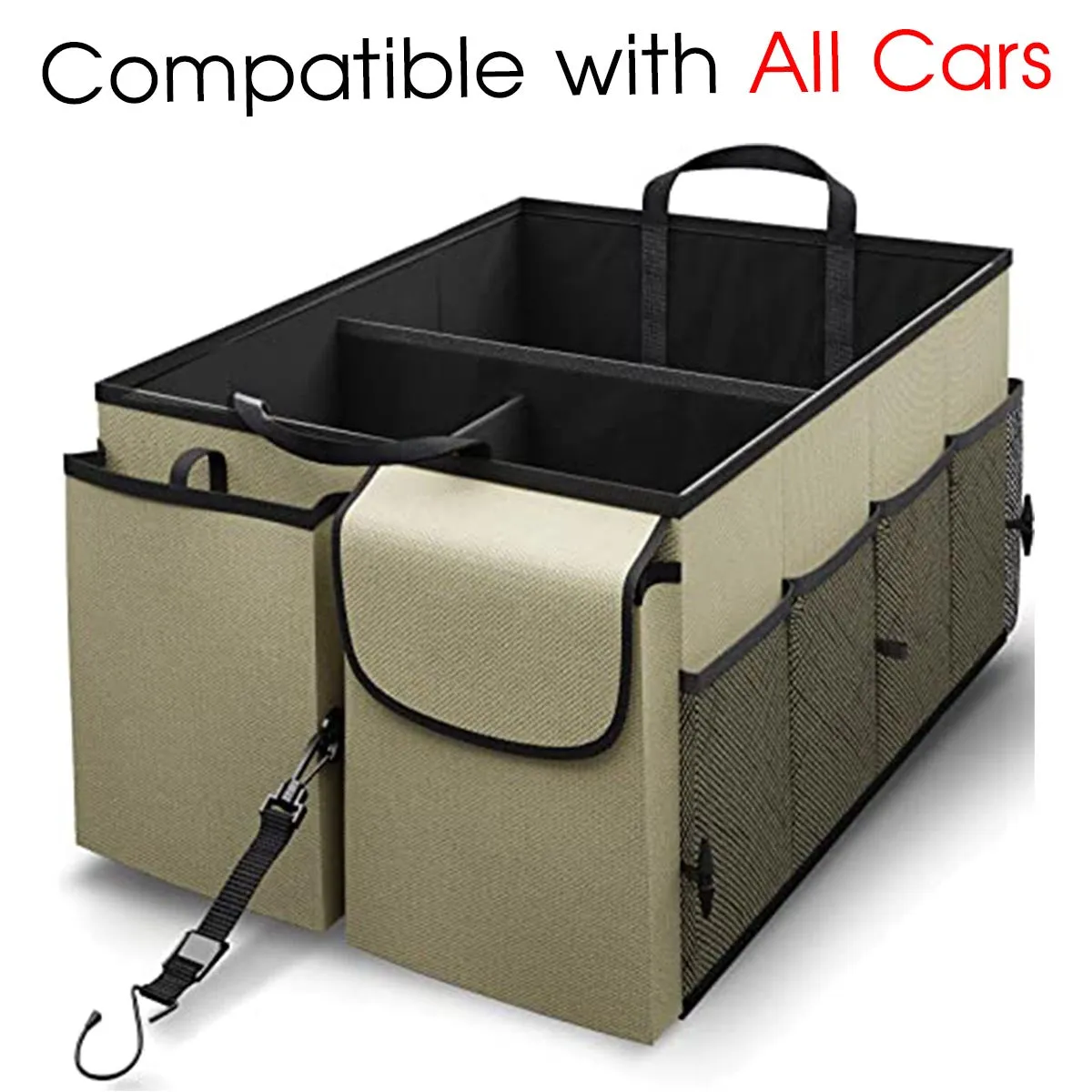 Car Trunk Organizer - Collapsible, Custom fit for All Cars, Multi-Compartment Automotive SUV Car Organizer for Storage w/ Adjustable Straps - Car Accessories for Women and Men NS12993