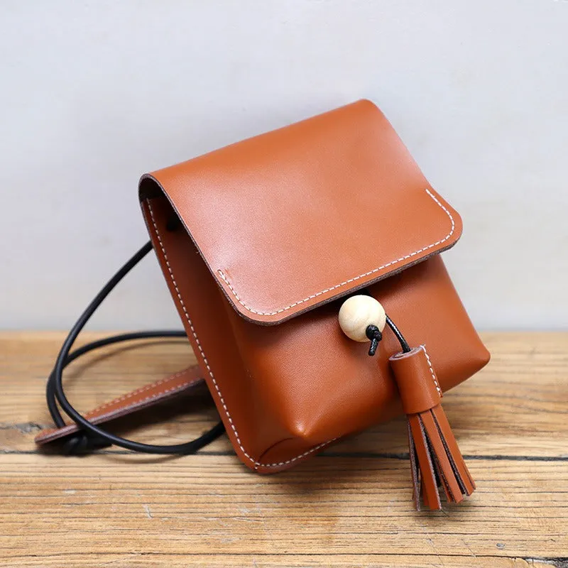 Cute Brown LEATHER Small Side Bag Handmade WOMEN Phone Crossbody BAG Purse FOR WOMEN