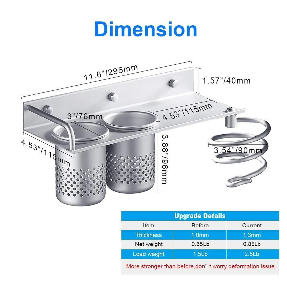 Hair Dryer Holder Wall Mount, Toothbrush Hairdryer Holder Organizer Storage Handing Rack, Upgrade Special Aluminum, Bathroom Hanging Rack Organizer with 2 Cups