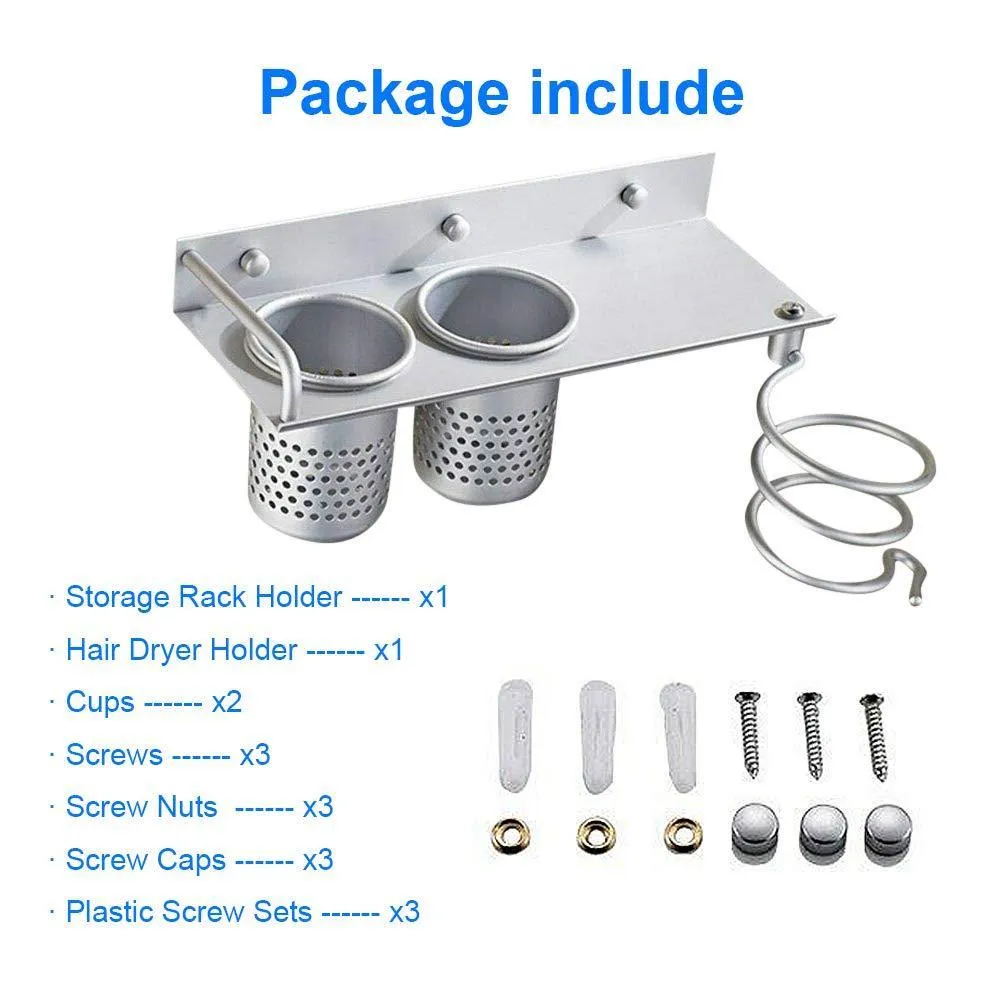 Hair Dryer Holder Wall Mount, Toothbrush Hairdryer Holder Organizer Storage Handing Rack, Upgrade Special Aluminum, Bathroom Hanging Rack Organizer with 2 Cups