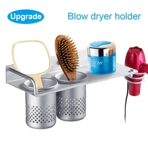 Hair Dryer Holder Wall Mount, Toothbrush Hairdryer Holder Organizer Storage Handing Rack, Upgrade Special Aluminum, Bathroom Hanging Rack Organizer with 2 Cups