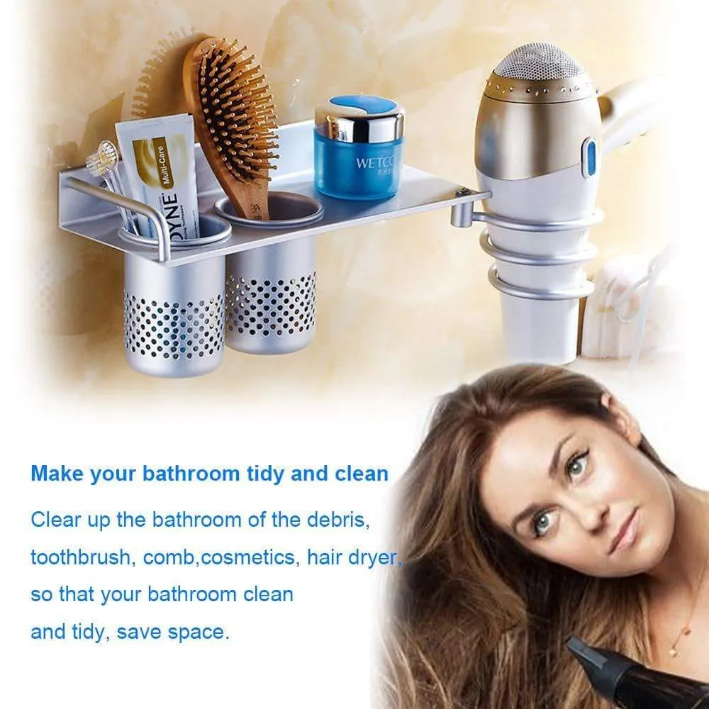Hair Dryer Holder Wall Mount, Toothbrush Hairdryer Holder Organizer Storage Handing Rack, Upgrade Special Aluminum, Bathroom Hanging Rack Organizer with 2 Cups