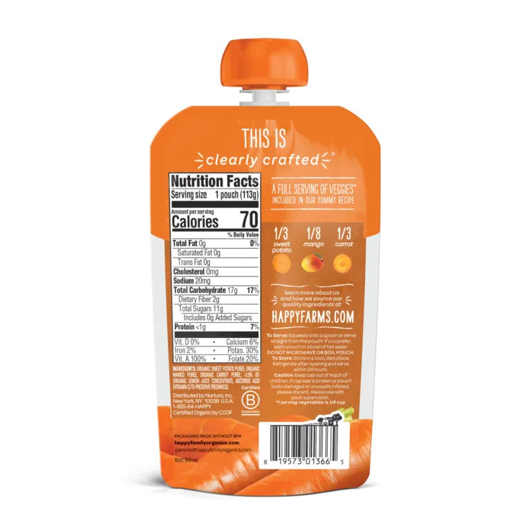 Happy Family Happy Baby Stage 2 (6  months) Clearly Crafted Meals - Sweet Potatoes Mangos & Carrots, 113g.(2-PACK BUNDLE) Exp: 11/25