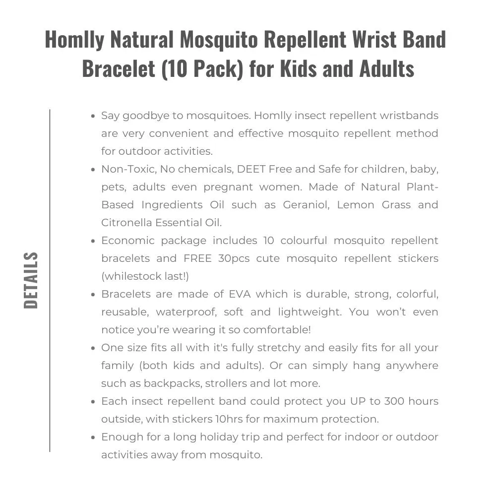 Homlly Natural Mosquito Repellent Wrist Band Bracelet (10 Pack) for Kids and Adults