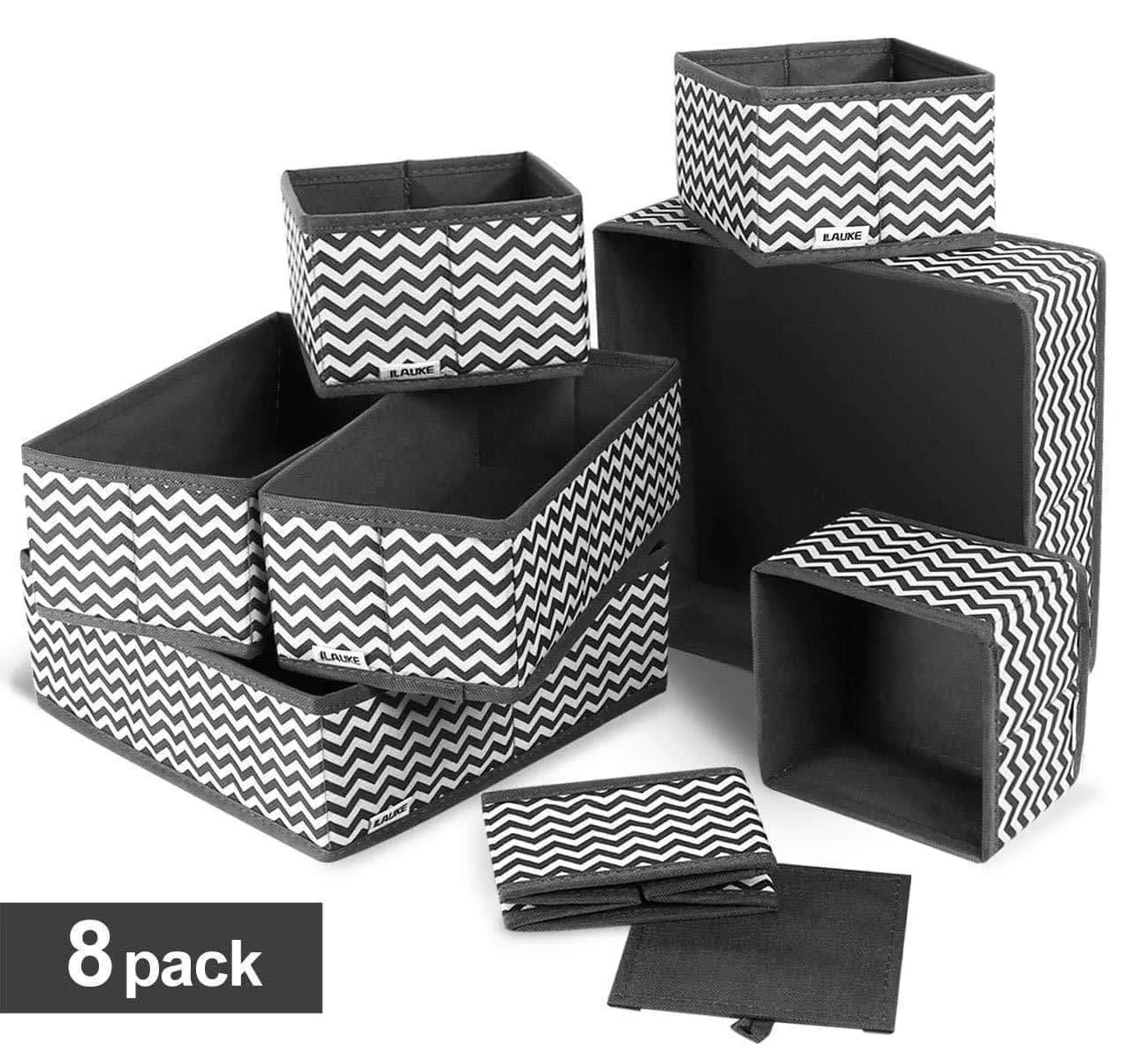 ilauke Drawer Underwear Organizers Storage Box Foldable Closet Dresser Drawers Divider Organizer Fabric Cloth Basket Bins for Sock Bras Baby Clothes, Set of 8, Grey