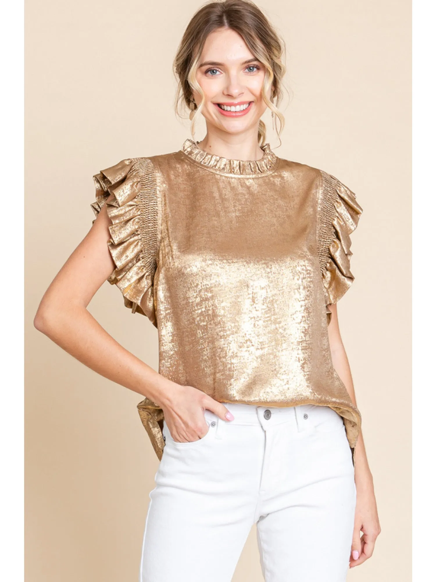Jodi Metallic Frilled Shoulder Top