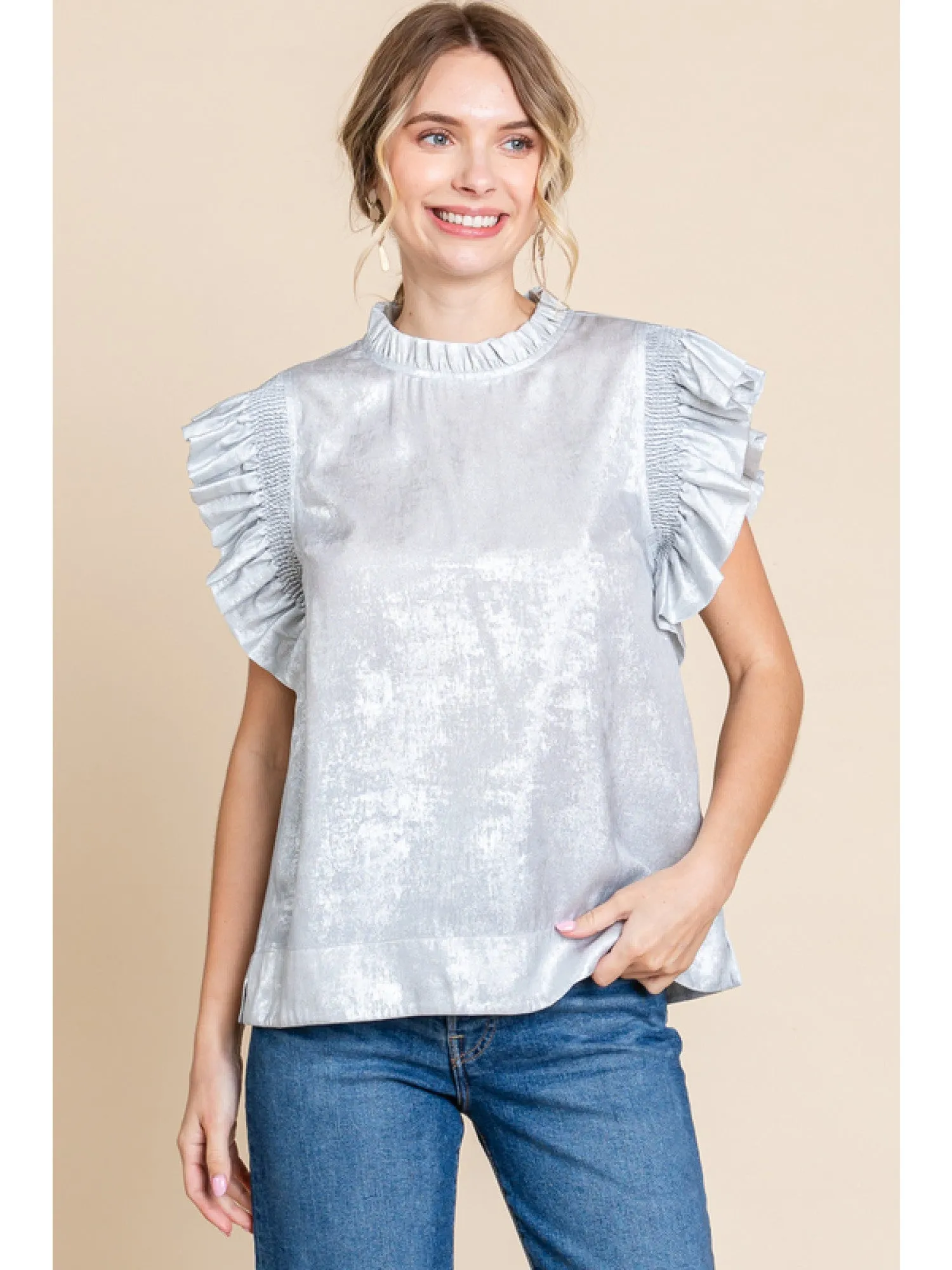 Jodi Metallic Frilled Shoulder Top