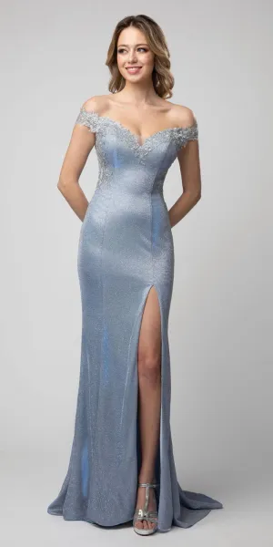Juno 938 Metallic Off-Shoulder Long Dress with Slit