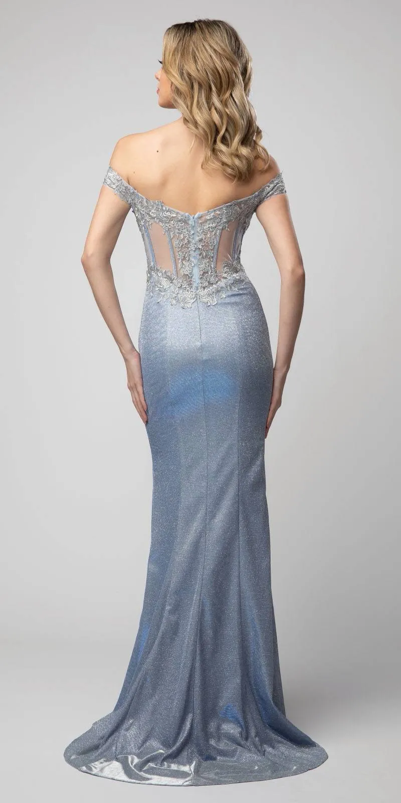 Juno 938 Metallic Off-Shoulder Long Dress with Slit
