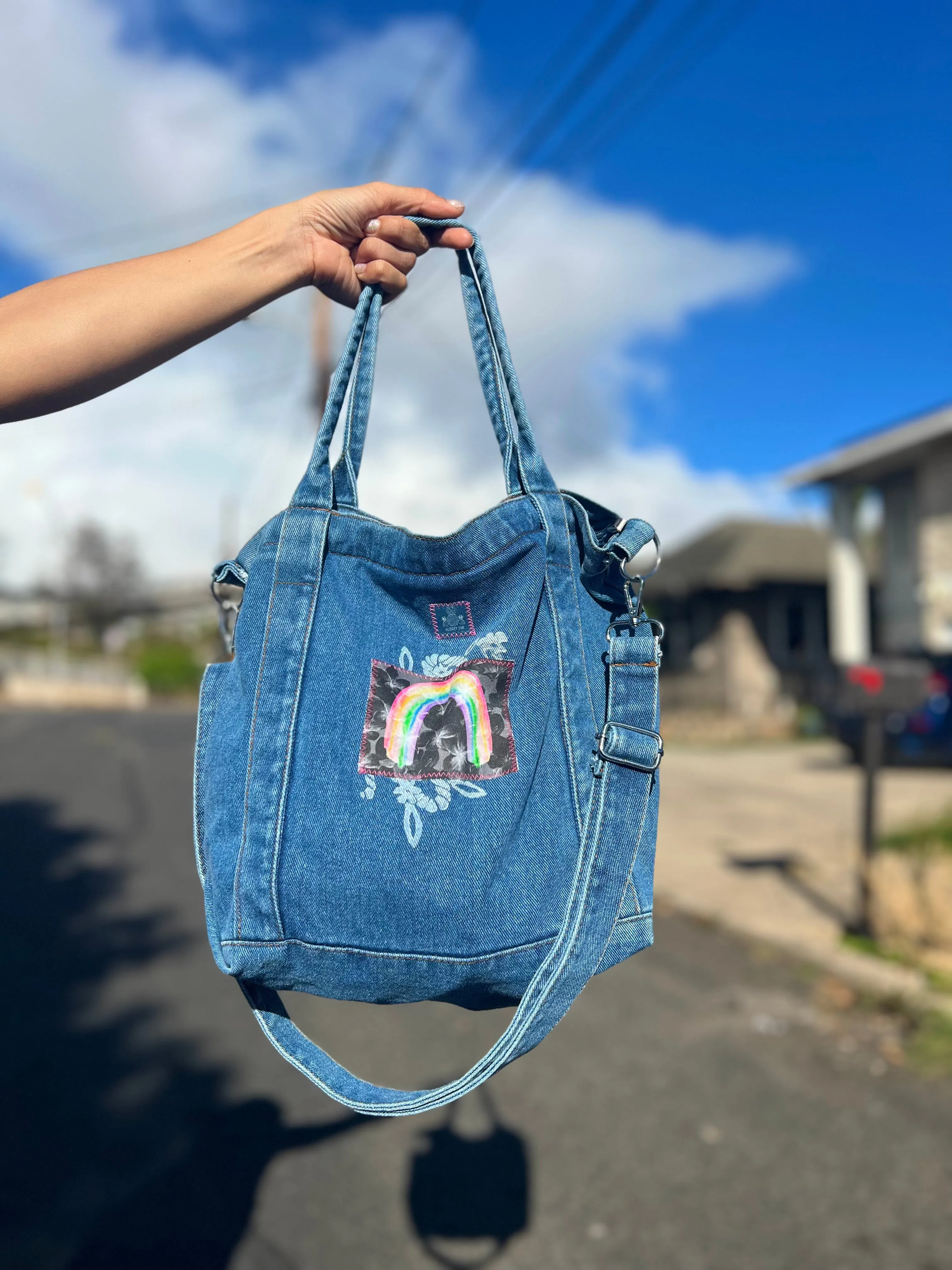 Large Light Denim Rainbow Crossbody Tote/Purse