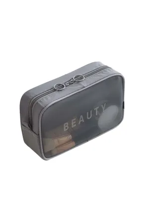 Letter Graphic Mesh Makeup Bag - Grey