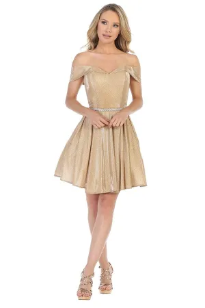 LF 6228 - Metallic Glitter Off the Shoulder Homecoming Dress with Beaded Belt & Pockets
