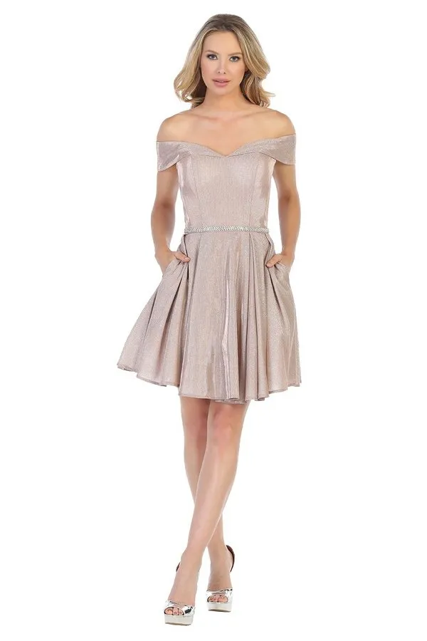 LF 6228 - Metallic Glitter Off the Shoulder Homecoming Dress with Beaded Belt & Pockets