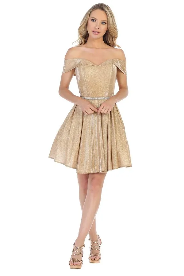 LF 6228 - Metallic Glitter Off the Shoulder Homecoming Dress with Beaded Belt & Pockets