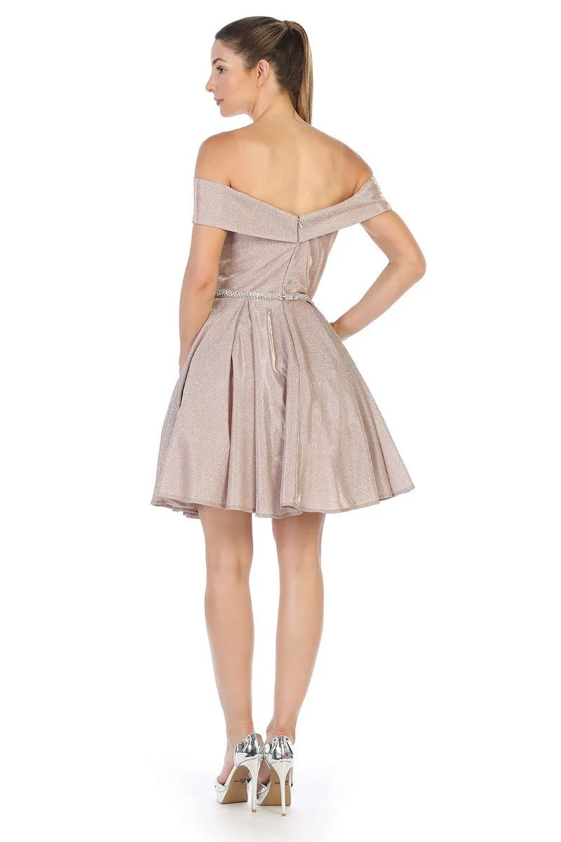 LF 6228 - Metallic Glitter Off the Shoulder Homecoming Dress with Beaded Belt & Pockets