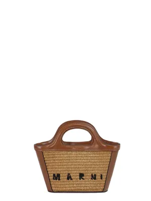 Marni Tropicalia Micro Bag in Brown Leather and Raffia-Effect Fabric