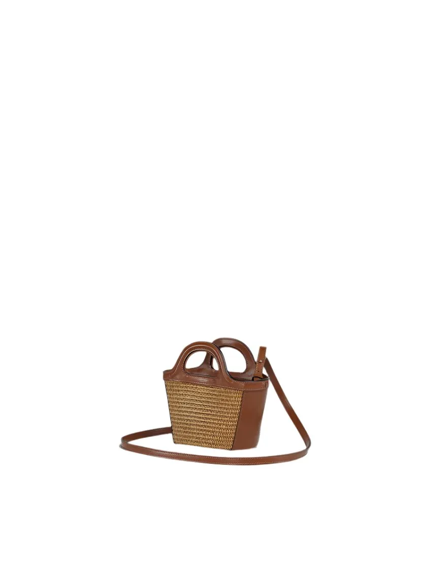 Marni Tropicalia Micro Bag in Brown Leather and Raffia-Effect Fabric