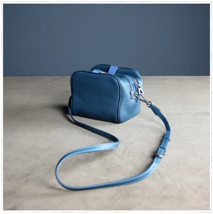 Mini Womens Leather Shoulder Bag Cube Double Zip Leather Crossbody Bag for Ladies