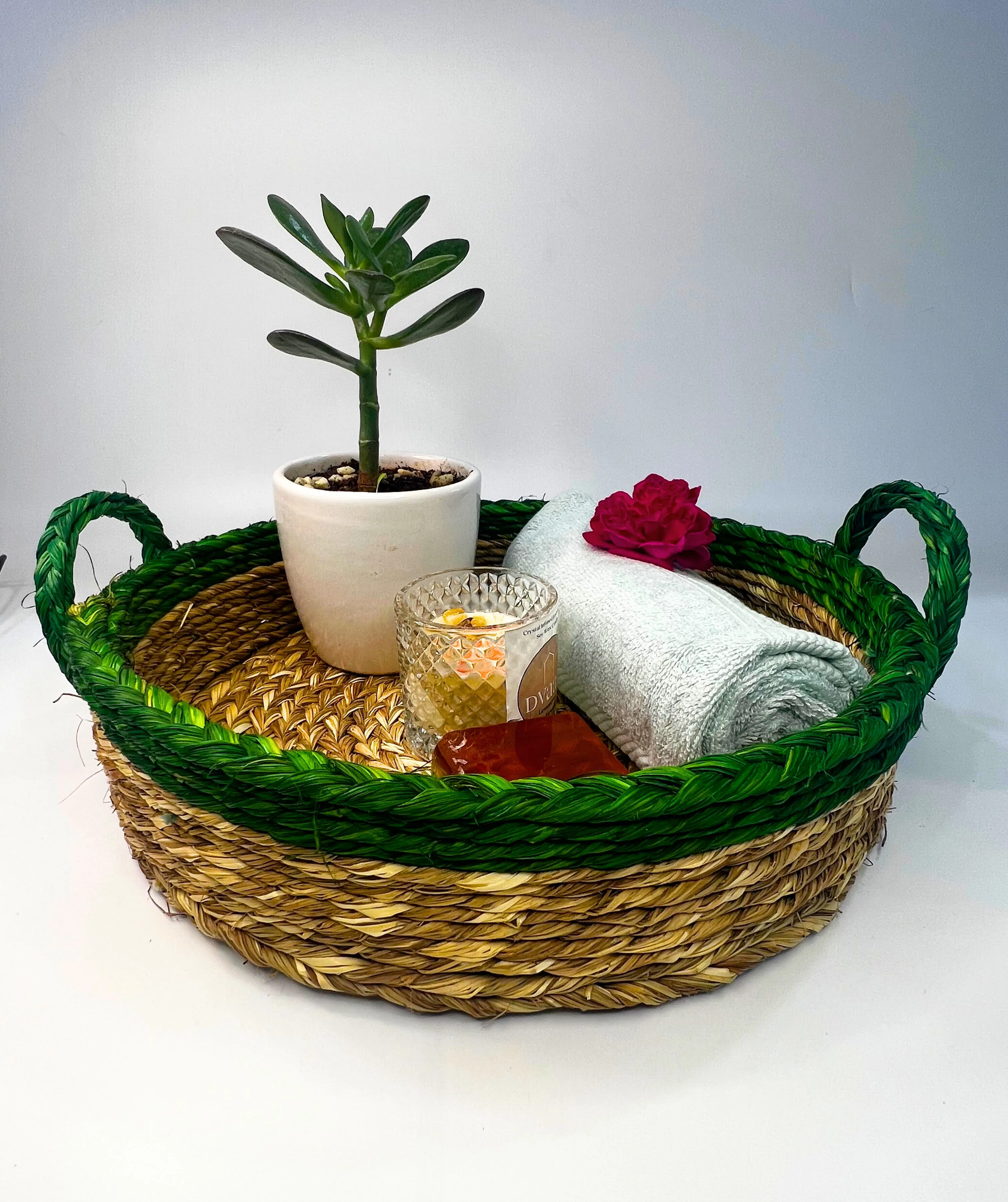 NATURAL GRASS ROUND TABLE TRAY ORGANIZER-DUAL COLOUR NATURAL AND GREEN HOME DECOR