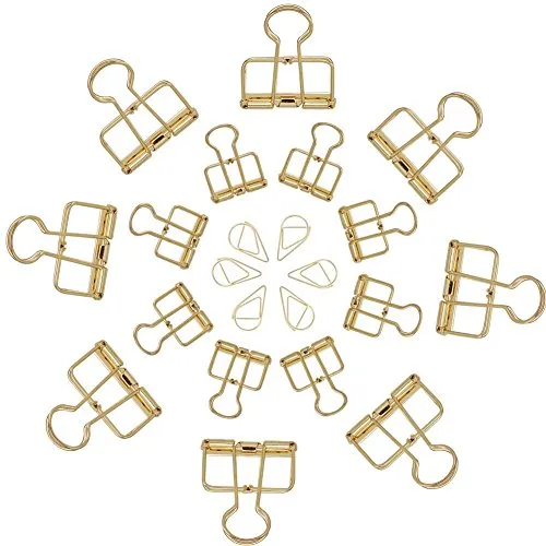 NBEADS 136PCS Golden Wire Binder Clips Hollow Metal Clips Organizer for Paper, School Office Supplies - 120 Pieces Drop Paper Clips, 8 Pieces 33MM and 8 Pieces 19MM Wire Binder Clips