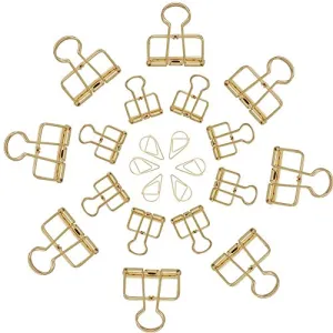 NBEADS 136PCS Golden Wire Binder Clips Hollow Metal Clips Organizer for Paper, School Office Supplies - 120 Pieces Drop Paper Clips, 8 Pieces 33MM and 8 Pieces 19MM Wire Binder Clips