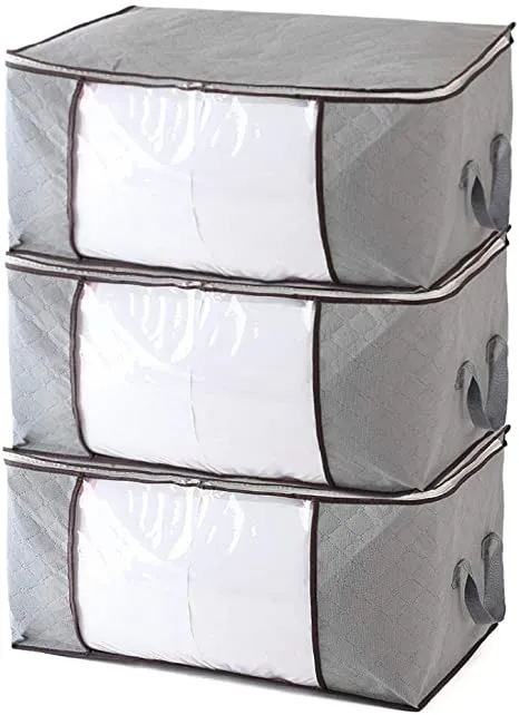 New Foldable Storage Bag, Set of 3 Large Capacity Clothes Organizers with Clear Window, Sturdy Zipper and Reinforced Handle for Comforters, Clothes, Blankets, Bedding