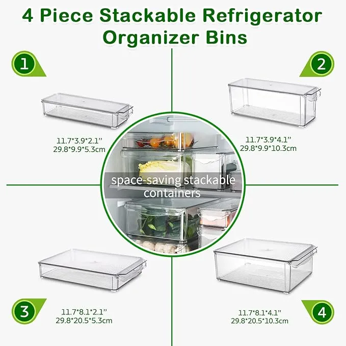 NEW Fridge Organizers And Storage with Lids 4 Pack, Food Fruit Vegetable Storage Bin Stackable Fridge Organizer Refrigerator Storage Containers - Shelf, Pantry Cabinet