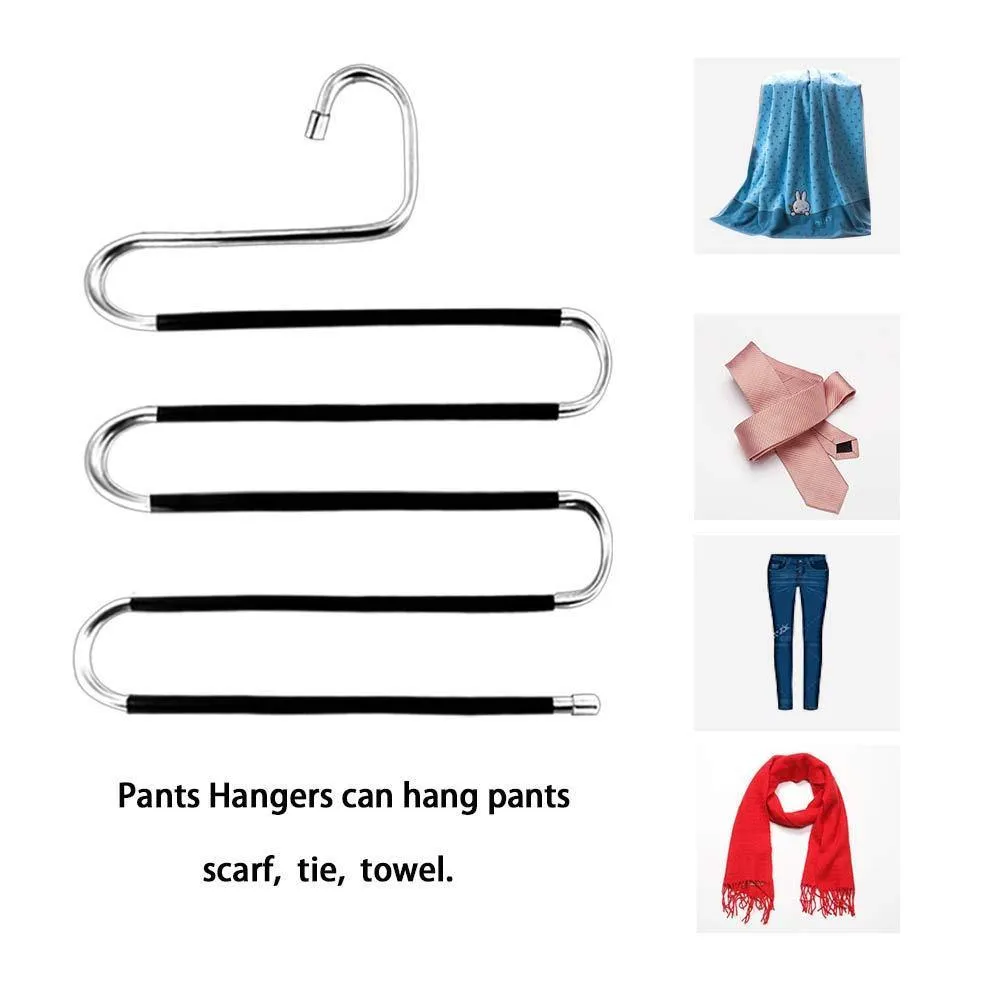 Pants Hangers - 4 Pack Scarf Hangers S-Type Clothes Pant Hangers Multi-Purpose Pants Hanger Space Saving Non-Slip Closet Organizer for Scarfs Jeans Clothes Trousers Towels