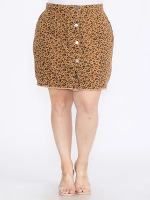 PLUS SIZE BUTTON UP FRONT POCKETS ANIMAL PRINT DENIM MINI SKIRT