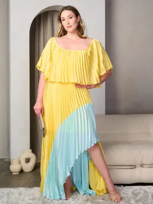 PLUS SIZE SHORT SLEEVE RUFFLE PLEATED COLORBLOCK MAXI DRESS