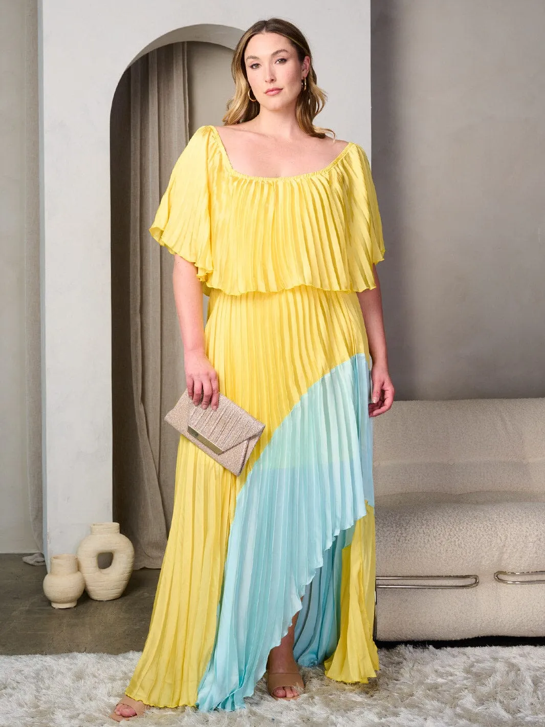 PLUS SIZE SHORT SLEEVE RUFFLE PLEATED COLORBLOCK MAXI DRESS