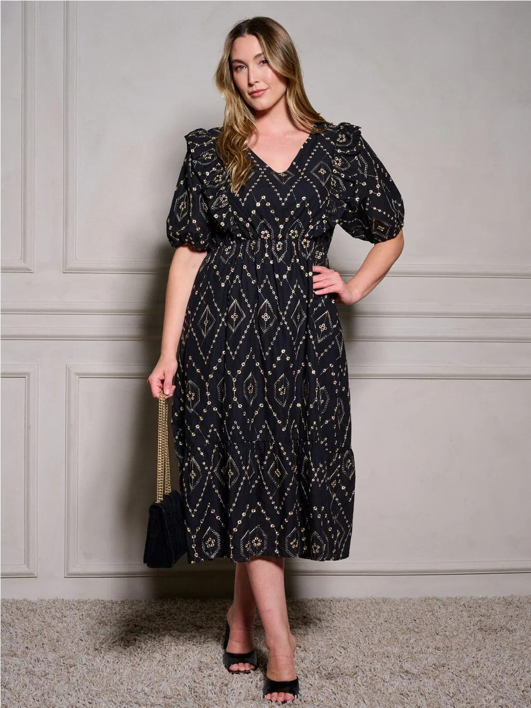 PLUS SIZE SHORT SLEEVE V-NECK ELASTIC WAIST DETAILED MAXI DRESS
