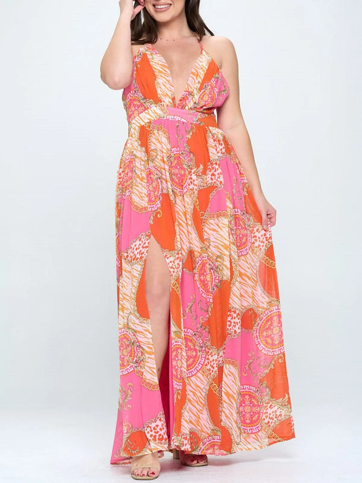 PLUS SIZE SLEEVELESS V-NECK OPEN BACK MULTI PRINT MAXI DRESS