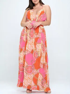 PLUS SIZE SLEEVELESS V-NECK OPEN BACK MULTI PRINT MAXI DRESS