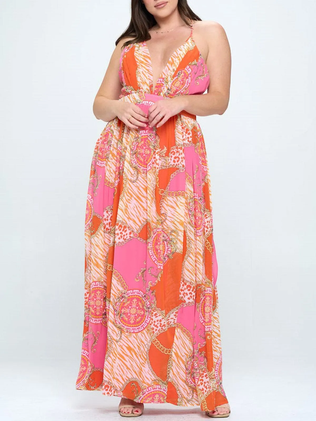 PLUS SIZE SLEEVELESS V-NECK OPEN BACK MULTI PRINT MAXI DRESS