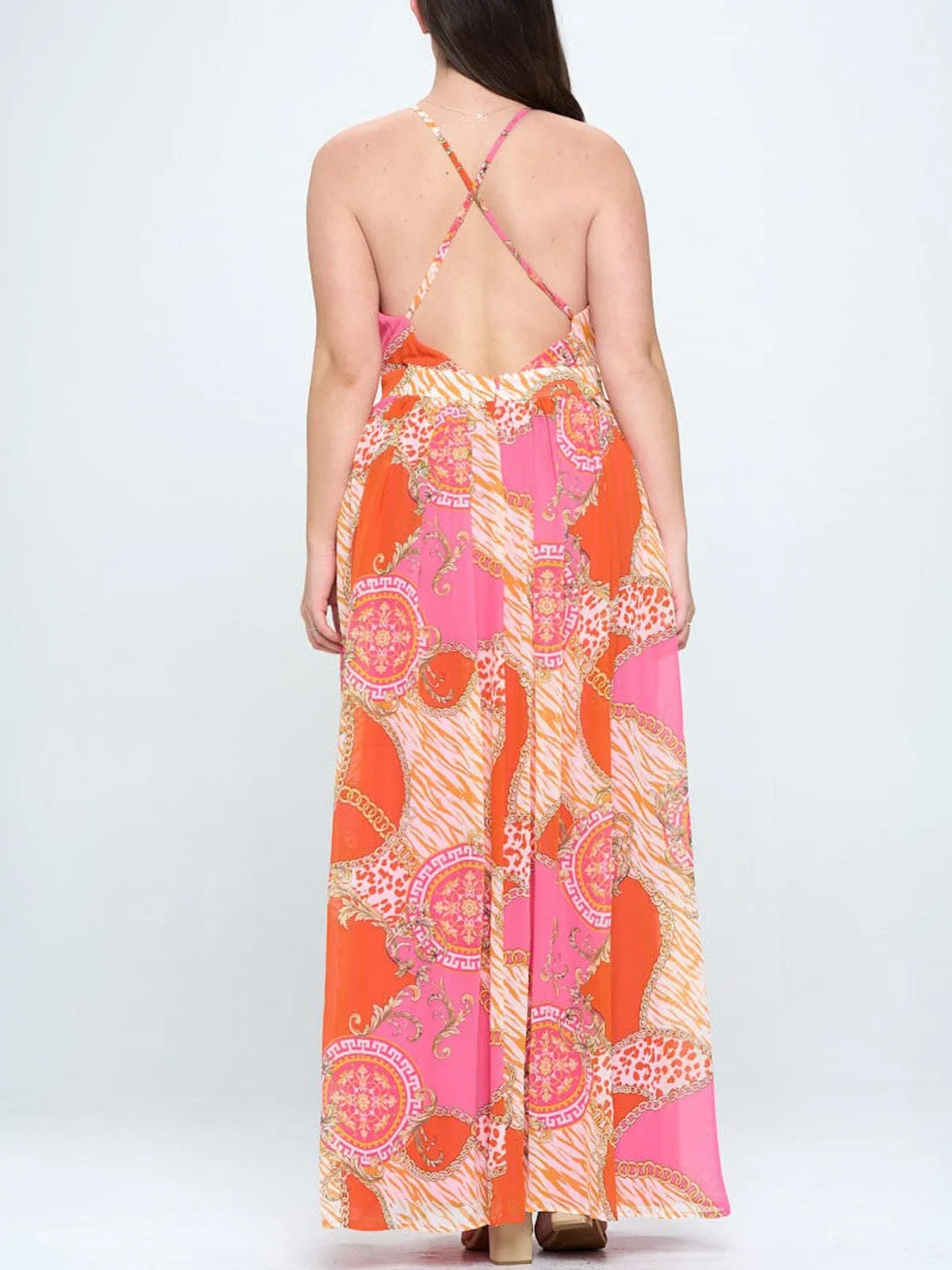 PLUS SIZE SLEEVELESS V-NECK OPEN BACK MULTI PRINT MAXI DRESS