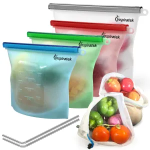 Reusable Silicone Food Bags (Large and Small, Set of 4)   Bonus Stainless Steel Straws & Produce Storage Bags - Insulated Plastic Lunch Bag - Baggies for Sandwich, Kids, Snack, Freezer Dishwasher Safe