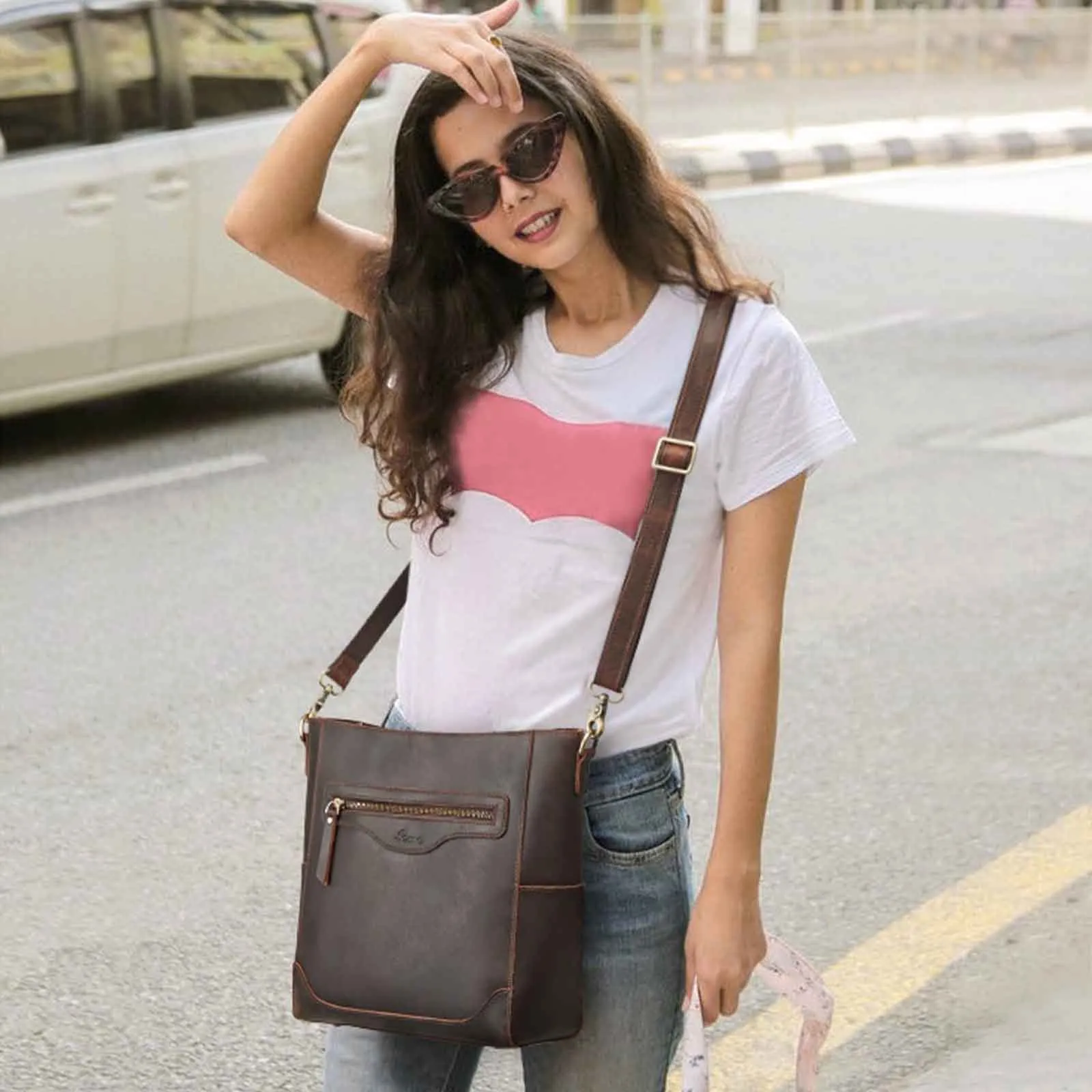 S-Zone Women Genuine Leather Bucket Bag