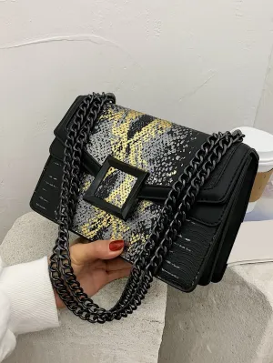 Small Snakeskin Embossed Chain Strap Crossbody Square Bag