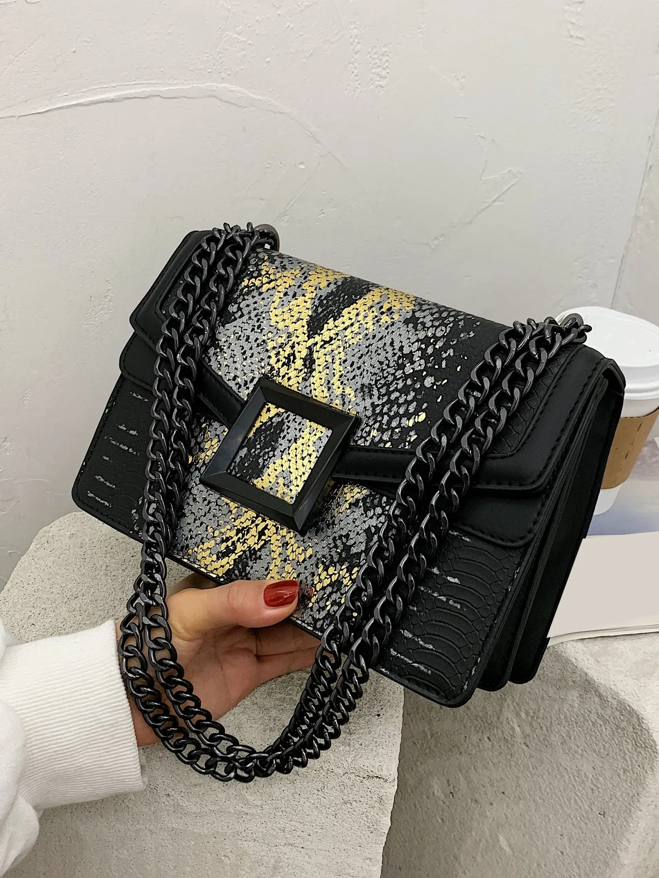 Small Snakeskin Embossed Chain Strap Crossbody Square Bag