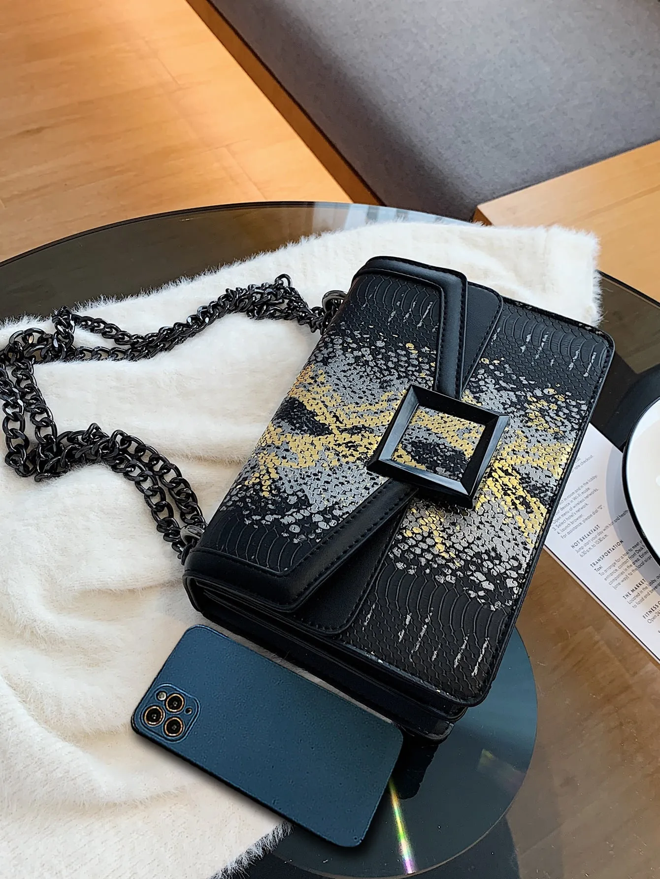 Small Snakeskin Embossed Chain Strap Crossbody Square Bag