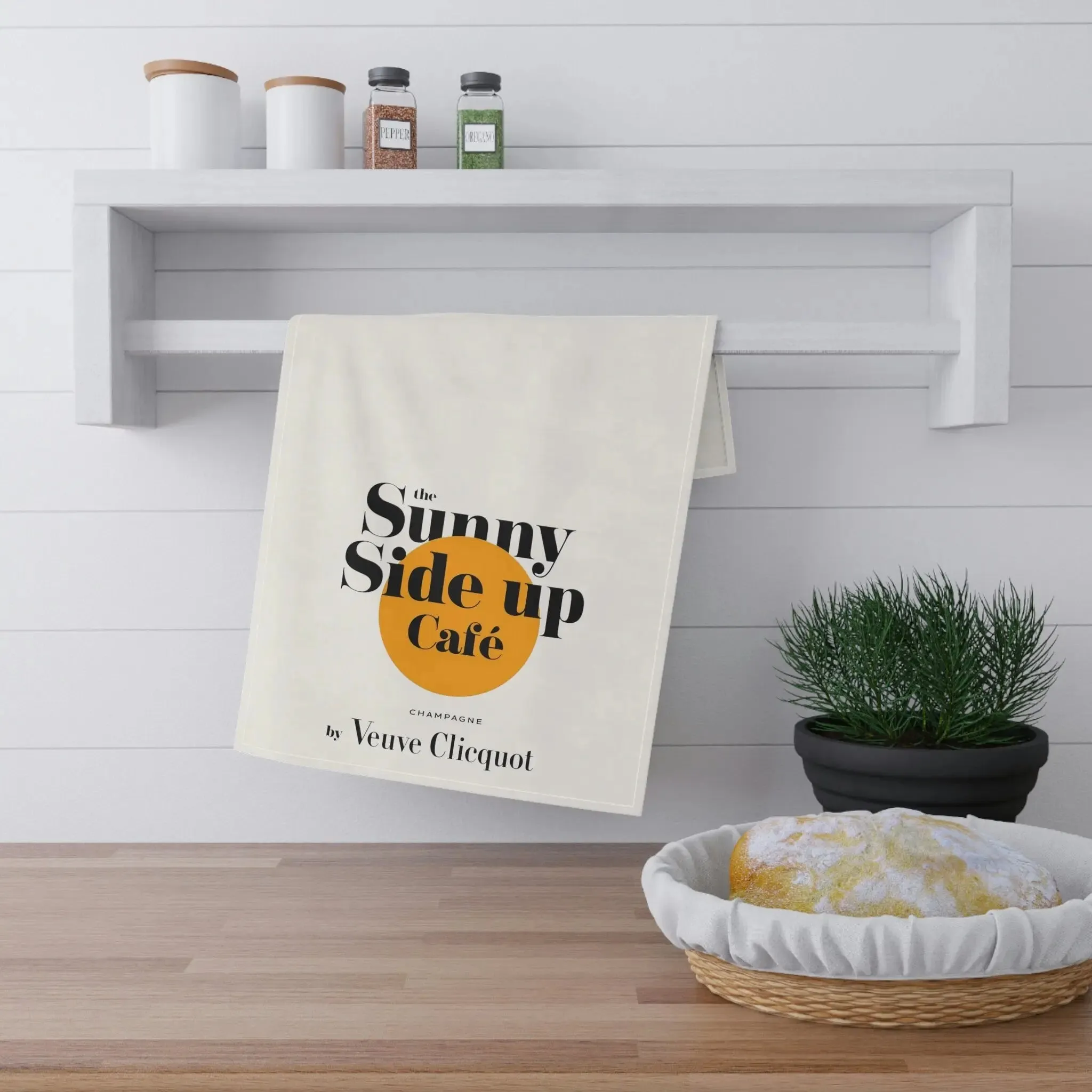 Sunny Side Up Cafe Champagne Label Kitchen Tea Towel