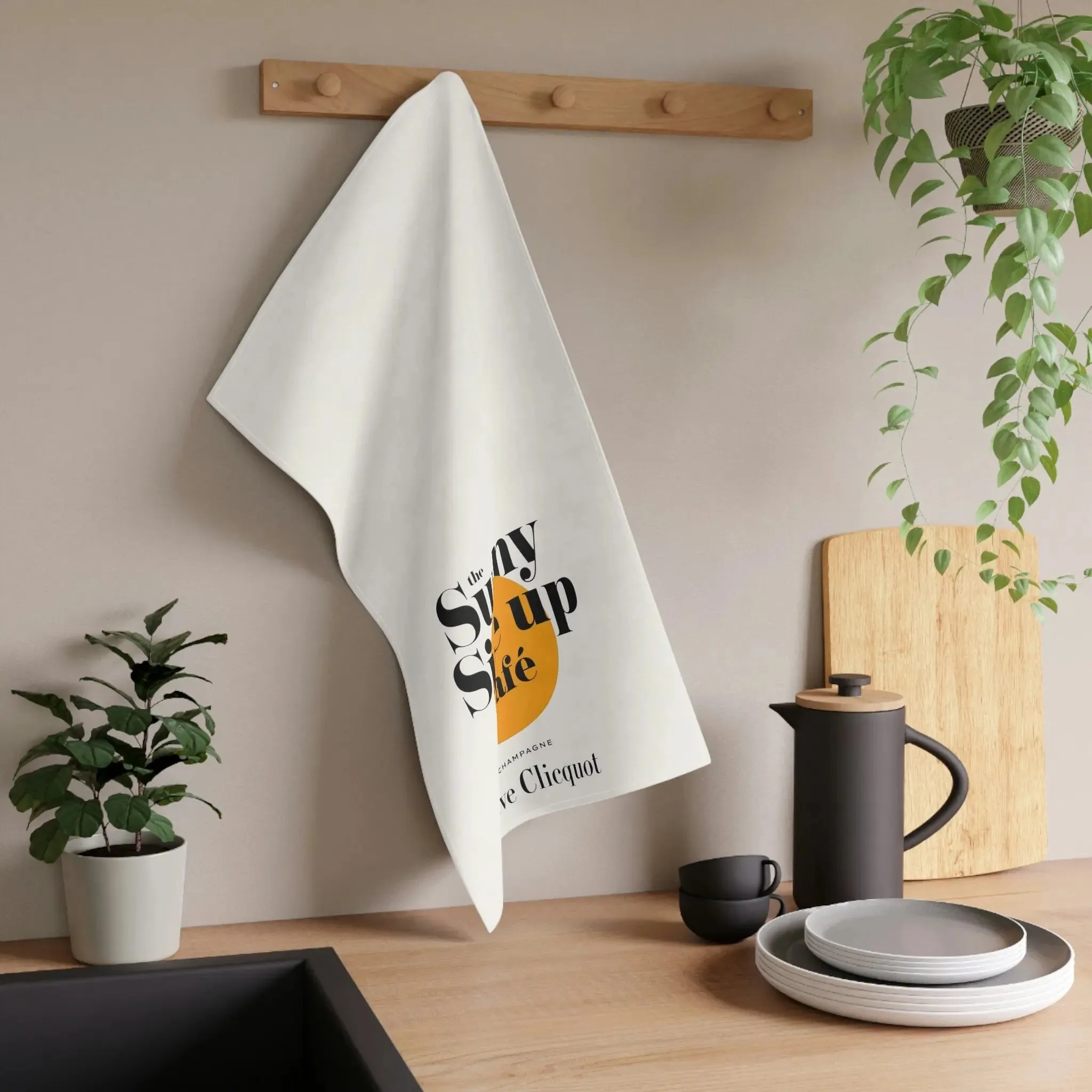 Sunny Side Up Cafe Champagne Label Kitchen Tea Towel