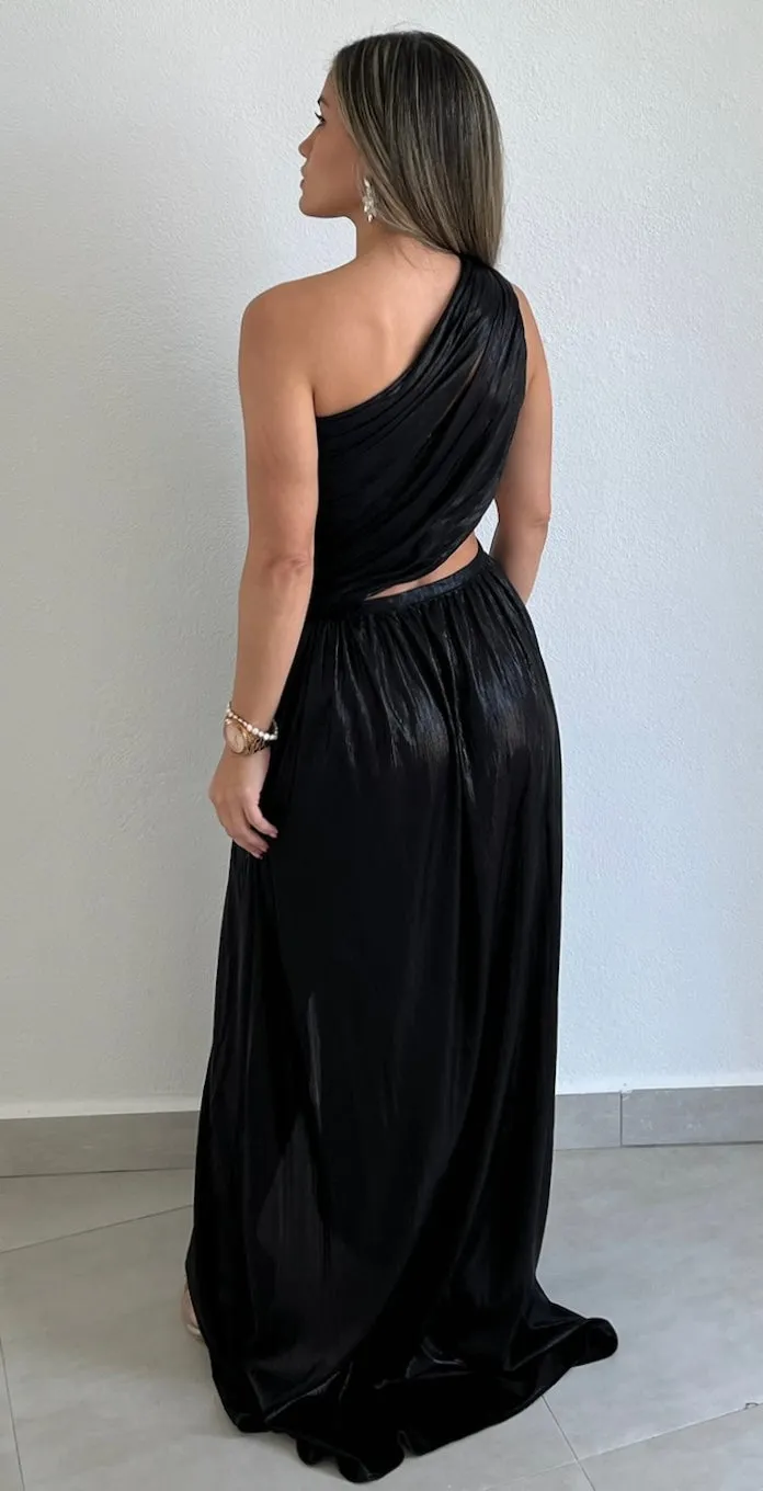 That Golden Girl Black Metallic One-Shoulder Formal Dress