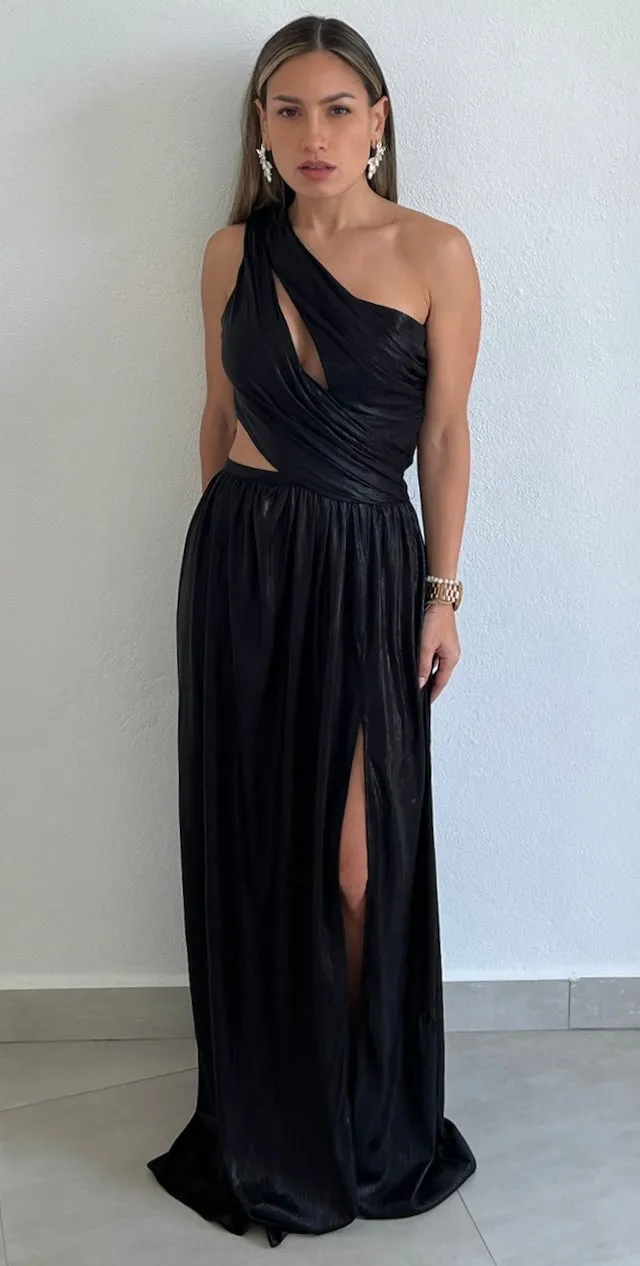 That Golden Girl Black Metallic One-Shoulder Formal Dress