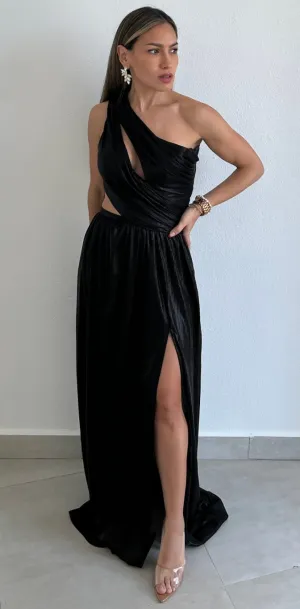 That Golden Girl Black Metallic One-Shoulder Formal Dress