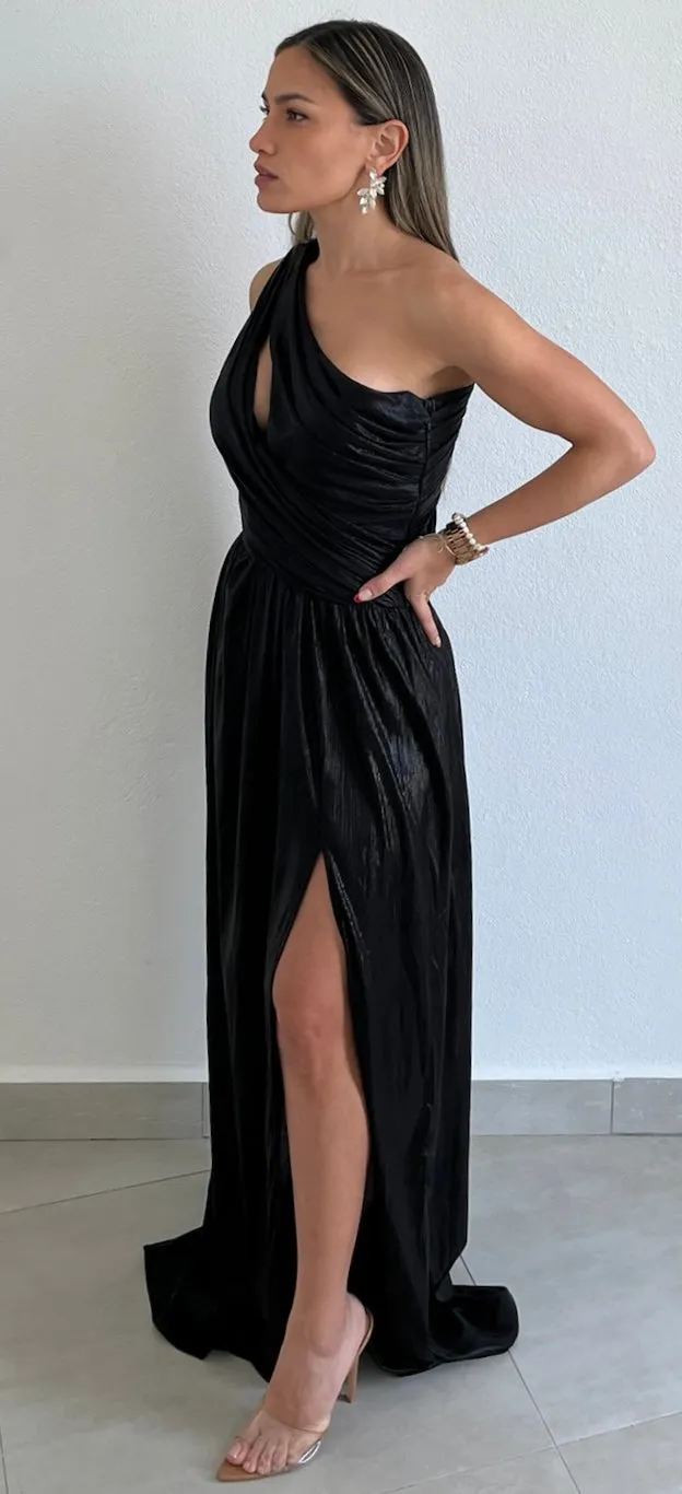 That Golden Girl Black Metallic One-Shoulder Formal Dress